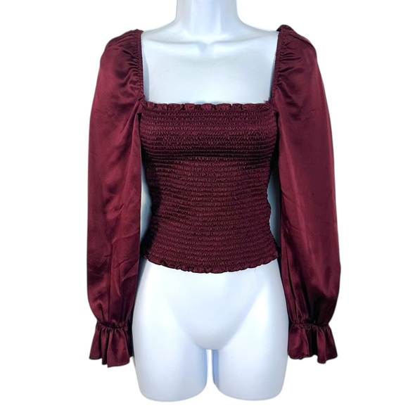 Reformation Chamomile Puff Sleeved Silk Satin Top Blouse Plum Burgundy Size XS - Picture 7 of 13